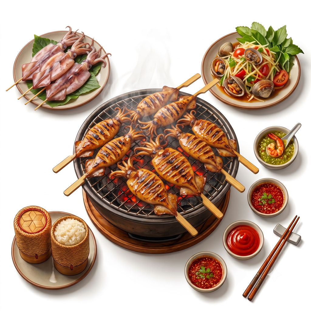 🦑 [삥빠믁] 반건조 오징어 숯불구이 (기본 제공 (마요네즈 & 쩨오쏨), 기본 (1마리), 한 마리)