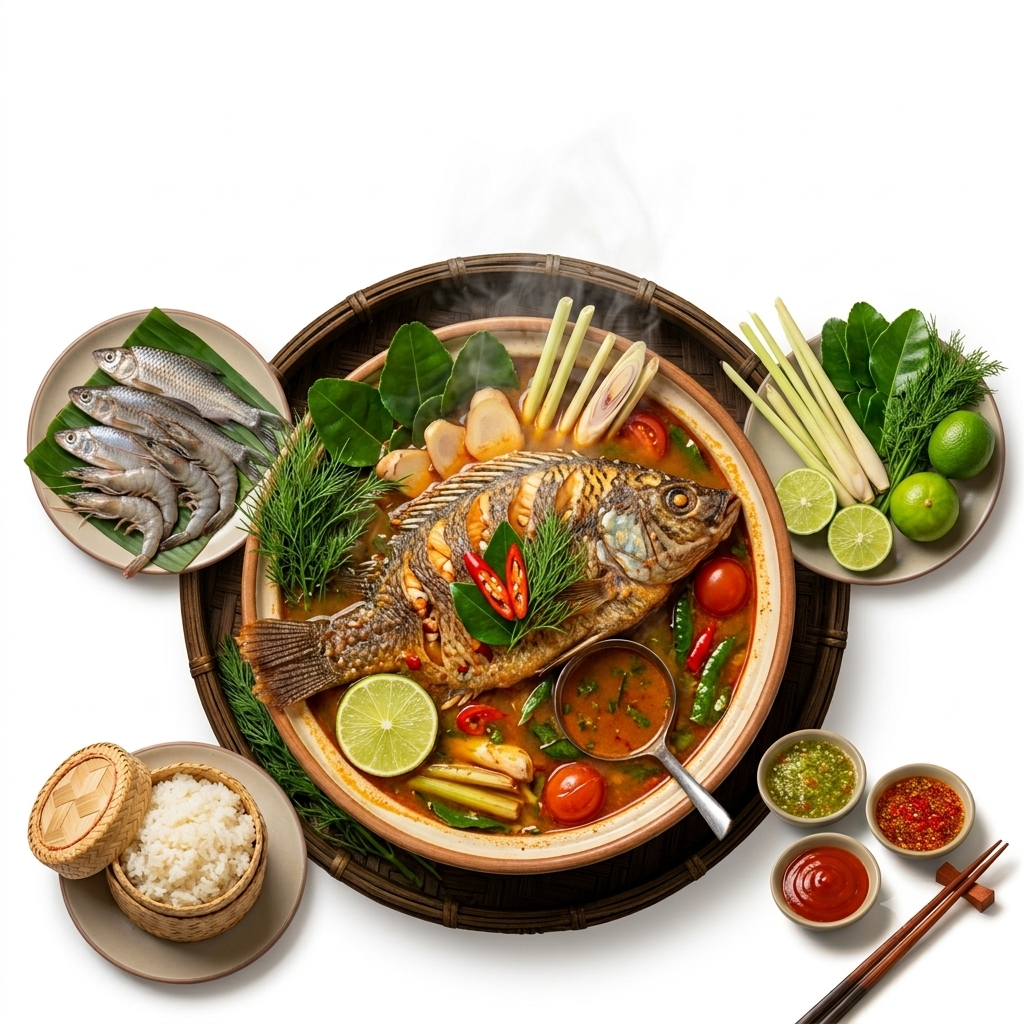 🍲 [똠쏨빠] 수석 셰프 비법 육수, 얼큰 새콤 민물고기 탕 (기본 (2~3인분 핫팟), 한 마리, 기본 (오리지널 얼큰함))