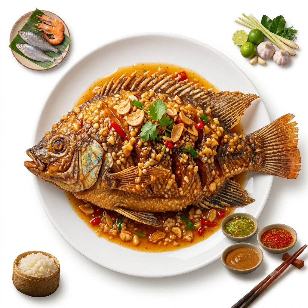 🍤 [빠텃] 탕원 특제 마늘 소스를 곁들인 민물고기 통튀김
