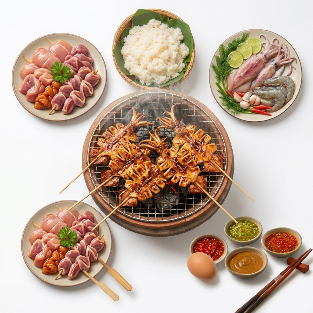 🦑 [삥빠믁] 반건조 오징어 숯불구이 (기본 제공 (마요네즈 & 쩨오쏨), 기본 (2~3인분 핫팟), 한 마리)