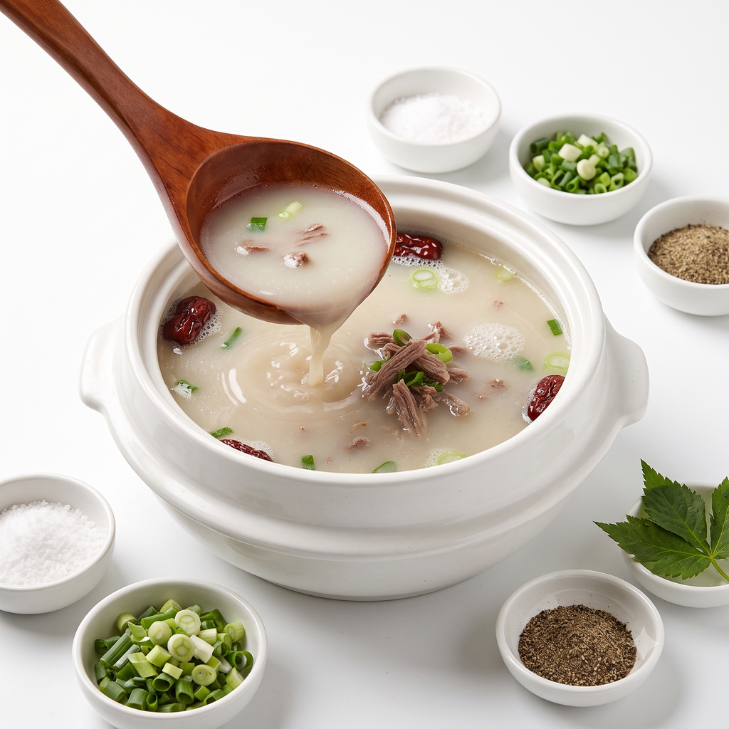 🥣 염소 진국 육수 (추가) (기본 포션 (1인분), 더 맵게 (라오스 고추 추가))